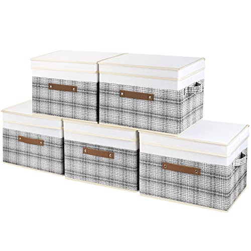 TYEERS Collapsible Storage Bins with Lids, Patchwork Design, Washable, Fabric Storage Boxes, 14.9x9.8x9.8 inches, 5 Pack, Gray - color: Gray & White, size: 5-pcs 14.9x9.8x9.8 in
