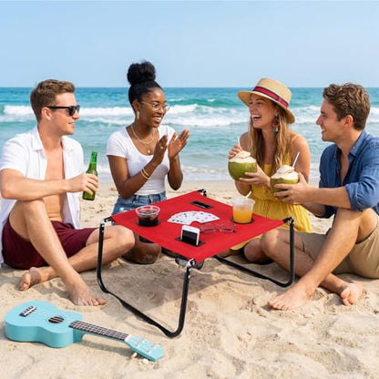 Portable Beach Table Foldable Camping Picnic Table with Cup Holder and Phone Pockets Lightweight Stable for Tailgate Travel Fishing Hiking and Outdoor Adventures(Red,Solid Pattern) - color: Red