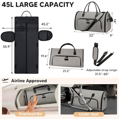 Vessgra Garment Bag for Airplane Travel, Carry On Garment Duffle Bags for Women, 2 in 1 Travel Suit Bag with Shoes Compartment Carry on Bag Hanging Garment Bag Travel with Shoulder Strap,Grey - color: Grey