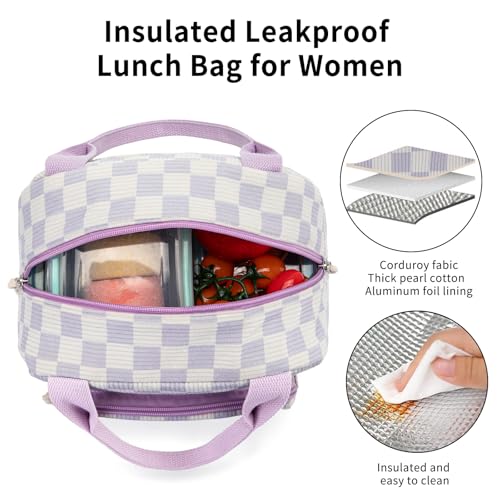 Lunch Bag Women Lunch Box for Women Adult Cute Insulated Lunch Bag Small Cooler Lunch Tote Bags for Work Picnic Travel(Beige-Purple Plaid) - color: Beige-Purple Plaid