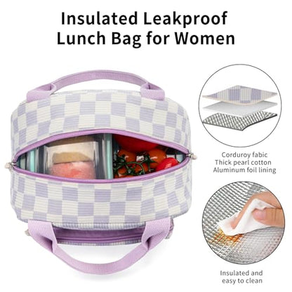 Lunch Bag Women Lunch Box for Women Adult Cute Insulated Lunch Bag Small Cooler Lunch Tote Bags for Work Picnic Travel(Beige-Purple Plaid) - color: Beige-Purple Plaid