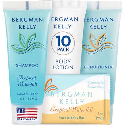 Bergman Kelly Hotel Toiletries Bundle (Tropical Waterfall, 1 oz each, 40 Pcs) 4-Piece Set: 10 Rectangular Bar Soap, 10 Shampoo, 10 Conditioner & 10 Body Lotion - Bulk Mini Guest Amenities Supply - size: 1 Fl Oz (Pack of 10)