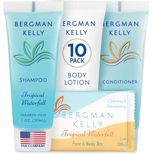 Bergman Kelly Hotel Toiletries Bundle (Tropical Waterfall, 1 oz each, 40 Pcs) 4-Piece Set: 10 Rectangular Bar Soap, 10 Shampoo, 10 Conditioner & 10 Body Lotion - Bulk Mini Guest Amenities Supply - size: 1 Fl Oz (Pack of 10)