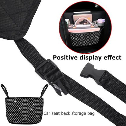 zipelo Bling Car Net Pocket Handbag Holder, Rhinestone Vehicle Backseat Purse Organizer Between Seats, Diamond Hanging Storage Bag Barrier of Pet Kids, Universal Automotive Accessories (White) - color: White