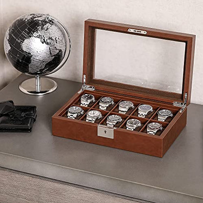 ROTHWELL 10 Slot Leather Watch Box - Luxury Case Display Jewelry Organizer - Locking Watch Display Case Holder with Large Glass Top - Box Organizer for Men and Women (Tan/Brown) - color: Tan / Brown