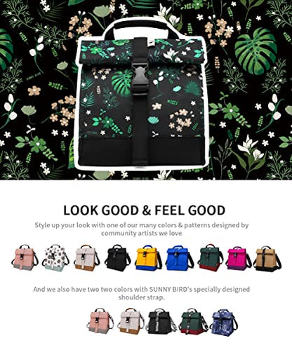 SUNNY BIRD Insulated Lunch Bag Rolltop Lunch Box Tote Bag for Women, Men, Adults and Teens (Floral & Foliage) - color: Floral & Foliage