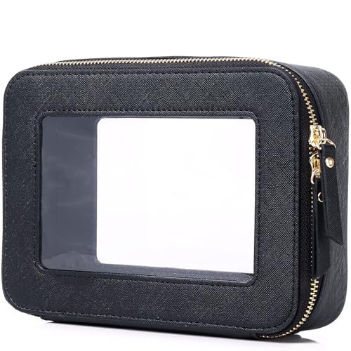 Pinkmik Clear Makeup Bag for Women Waterproof Travel Cosmetics and Toiletries Case Portable Makeup Oaganizer Bag Clear Car Bag with Zipper (Black, M) - color: Black, size: M