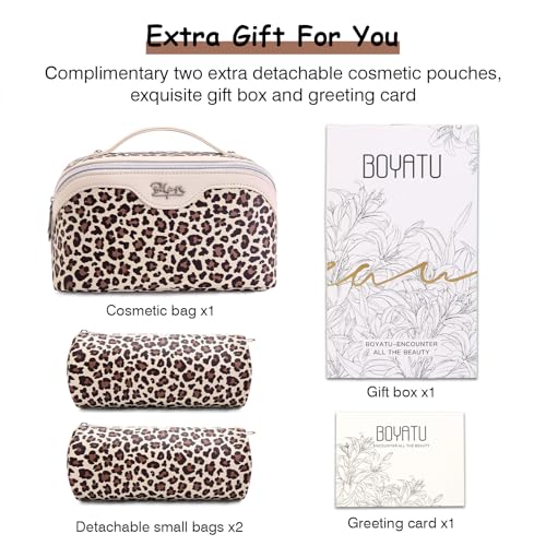 BOYATU Travel Makeup Bag Organizer: 3 Pcs Set Leopard Make up Bag for Women | Vegan Leather Cosmetic Bags with Compartments - Waterproof Toiletry Bag - 180° Open-Flat Make up Case for 3-15 Day Trips - color: 02-Beige