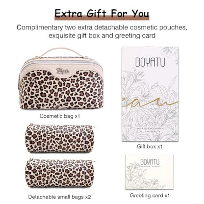 BOYATU Travel Makeup Bag Organizer: 3 Pcs Set Leopard Make up Bag for Women | Vegan Leather Cosmetic Bags with Compartments - Waterproof Toiletry Bag - 180° Open-Flat Make up Case for 3-15 Day Trips - color: 02-Beige