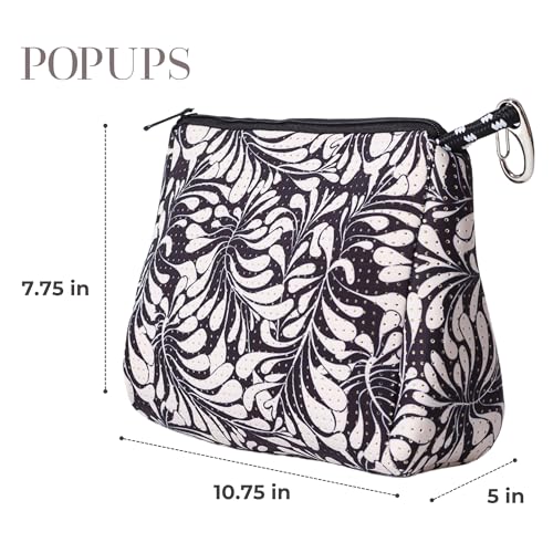 POPUPS Large Makeup Bag with Zipper - Waterproof Neoprene Cosmetic Bag 7.7 x 10.75 x 5 inches - color: Print Palm Dreams Black