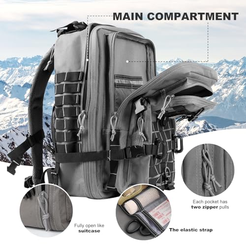 Hannibal Tactical MOLLE Assault Backpack, Tactical Backpack Military Army Camping Rucksack, 3-Day Pack Trip w/USA Flag Patch, D-Rings Grey and Black - color: Grey and Black
