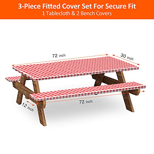 6ft Picnic Table and Bench Cover, Camping Essentials RV Gear, 72in Waterproof Windproof Outdoor Elastic All Around Tablecloth, Fitted Rectangle Tables and Seats, Red-White Checkered - color: Red-white Checkered, size: 72"
