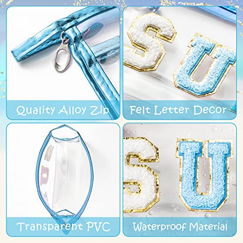 Y1tvei Preppy Patch SUN Varsity Letter Cosmetic Toiletry Bag Transparent PVC Zipper Makeup Bag Clutch Purse Portable Waterproof Travel Organizer Compliant Bag for Women Girls Teens (Blue) - color: Blue SUN Blue