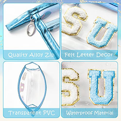 Y1tvei Preppy Patch SUN Varsity Letter Cosmetic Toiletry Bag Transparent PVC Zipper Makeup Bag Clutch Purse Portable Waterproof Travel Organizer Compliant Bag for Women Girls Teens (Blue) - color: Blue SUN Blue