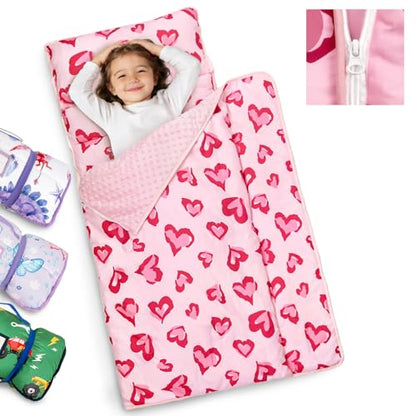 Primlect Toddler Nap Mat Extra Large Thickened 55''x35'', Soft Sleeping Bag with Detachable Minky Blanket and Pillow, Portable for Daycare, Preschool, Kindergarten, Travel, Boys and Girls - color: Pink Heart