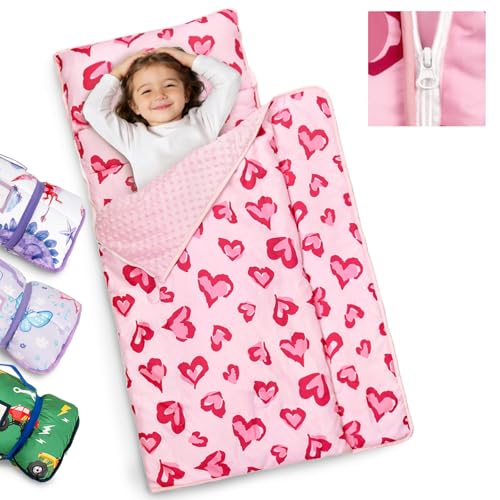 Primlect Toddler Nap Mat Extra Large Thickened 55''x35'', Soft Sleeping Bag with Detachable Minky Blanket and Pillow, Portable for Daycare, Preschool, Kindergarten, Travel, Boys and Girls - color: Pink Heart