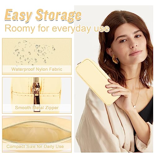 izuzta Nylon Small Makeup Bag Slim Pouch, Preppy Cute Makeup Brush Case Bag Cosmetic Zipper Pouch for Purse, Waterproof Travel Toiletry Bag Clutch Coin Pouch Makeup Organizer for Women Girls(Beige) - color: Beige, size: Slim