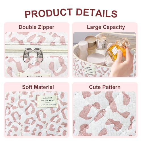 GISMTR 3Pcs Makeup Bag Cotton Quilted Travel Cosmetic Bag Cute Floral Makeup Pouch Large Toiletry Bag for Women Girls - color: Pink leopard print