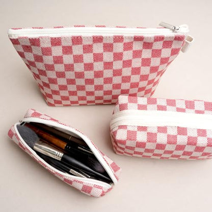 3 Pcs Canvas Makeup Bag Set Checkered Cosmetic Pouch for Women Travel Toiletry Bag Cute Makeup Organizer Purse Pouch Preppy Pencil Case with Zipper (Checkered Red) - color: Checkered Red