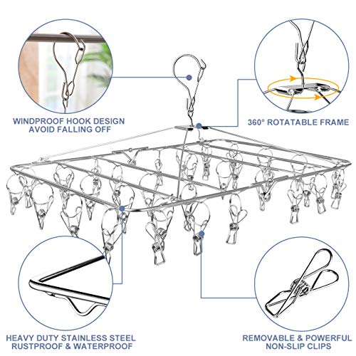 Fayleeko Drying Rack, 52 Clips Stainless Steel Laundry Drying Rack Folding Sock, Underwear, Clothes Hangers for Drying Towels, Bras, Lingerie, Baby Clothes