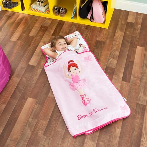 EVERYDAY KIDS Toddler Nap Mat with Removable Pillow -Born to Dance Ballerina- Carry Handle with Straps Closure, Rollup Design, Soft Microfiber for Preschool, Daycare, Sleeping Bag - Ages 2-6 Years - color: Born to Dance Ballerina