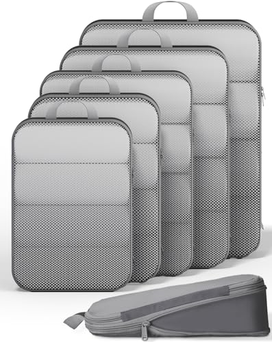 Veken 6/9/11 Set Compression Packing Cubes for Travel Essentials,Compressible Expandable Large Luggage Suitcase Organizer Bags for Clothing,Durable Space Saver Storage Bags(Gray) - color: Gray, size: 6 set