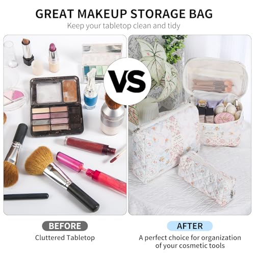 senbowe Floral Makeup Bag, 3 Pack Large Cotton Quilted Makeup Bag Set, Cute Floral Coquette Aesthetic Toiletry Bag Make Up Cosmetic Bag for Women, Toiletry Travel Make Up Organizer Bag - color: Pink Flower