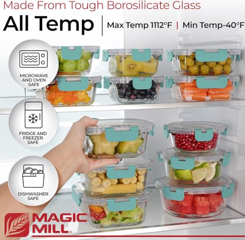 Magic Mill Premium Borosilicate Glass Food Storage Containers with lids Set | 24pc Sets with 12 Bowls & 12 Airtight Locking Lids for Lunch & Meal Prep, Safe for Oven, Freezer, Dishwasher, BPA-Free - color: Turquoise