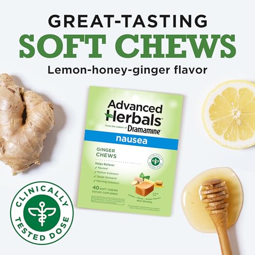 from The Makers of Dramamine, Advanced Herbals Ginger Chews for Nausea Relief, Morning Sickness Relief & Motion Sickness Relief During Travel, Lemon-Honey, 40 Count - size: 40 Count (Pack of 1)
