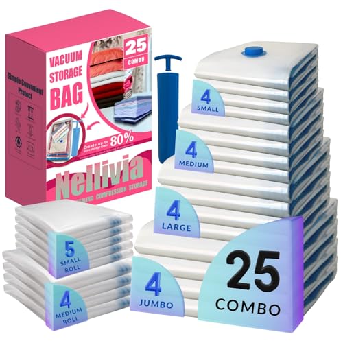25 Pack Vacuum Storage Bags with Pump, Compression Space Saver for Comforter, Bedding, Blanket Storage, Vacuum Seal Bags for Clothing, Travel Luggage Suitcase and Closet Organizer - size: 25 Combo