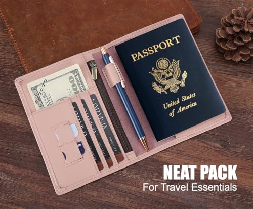 STAR VISTA Phoenix Leather Passport Holder, Calfskin Travel Wallet - RFID Blocking, ID Window, Zipper Pocket, Pen & Notebook Included, Pale Pink - color: Pale Pink Calfskin