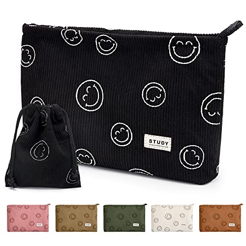 WLLWOO Makeup Bag-2pcs Smile Face Corduroy Cosmetic Bag Zipper Interior Waterproof Pencil Case Coin Purse Travel Toiletry Small Makeup Pouch For Women - color: Black