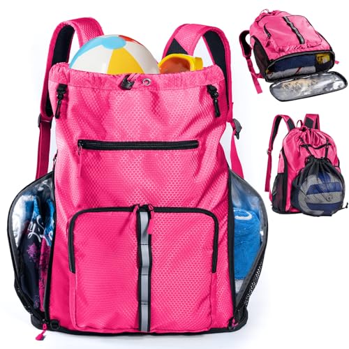 Large Beach Backpack Waterproof Sandproof - Customized Oversized Drawstring Pool Bag with Shoe Compartment for Toiletries, Towels, Gym, Travel - color: Pink