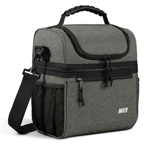 MIER Insulated Lunch Box Dual Compartment Lunch Bag Leakproof Cooler for Men Women Adult Work, Grey, Medium (Upgraded Extra-Tall Bottom Layer) - color: Greenish Grey, size: Medium