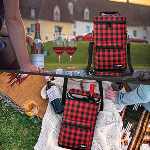 Opux 2 Bottle Wine Tote Carrier, Insulated Cooler Bag for Travel Picnic, Leakproof Padded Case, Wine Gifts for Women & Men, Plaid Buffalo Red - color: Buffalo Plaid Red