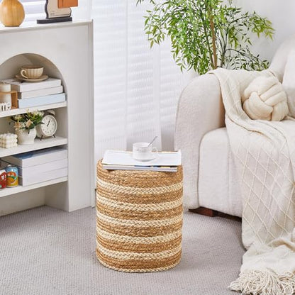 Wimarsbon Ottoman Natural Seagrass Foot Rest Stool Hand Weave Round Foot Stool Pouf Boho Vanity Stools with Non-Skid Mat for Living Room Bedroom Hallway - color: Mix White-1