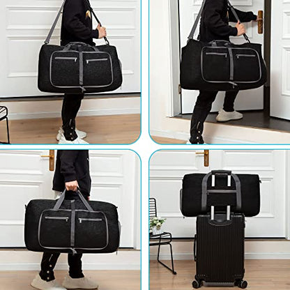 Vomgomfom 65L/85L/115L Foldable Travel Duffle Bag, Lightweight Checked Luggage with Shoe Compartment, Water-Resistant Weekender Overnight Bag for Men & Women - color: Black, size: 65L