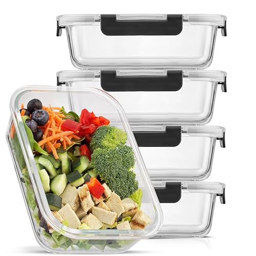 JoyJolt Glass Food Storage Containers with Lids. 5 Pack Glass Meal Prep Containers Reusable 35oz Single Compartment Airtight Container Set. Lunch Containers for Adults and Kitchen Storage Containers - color: Black