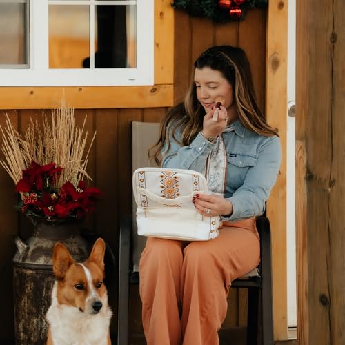 Montana West X Wrangler Travel Makeup Bag 2pcs Set Large Cosmetic Bag with Makeup Brush Holder Portable Make Up Organizer Cute Toiletry Bag with Divider and Handle for Women Aztec - color: Tan