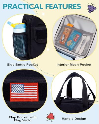 Tactical-style Lunch Bag 5L Kids Lunch Bag with Adjustable Shoulder Strap Easy to Clean Leakproof Wipeable liner Toddler Lunch Box Bag for Boys Girls School and Daycare - color: Black
