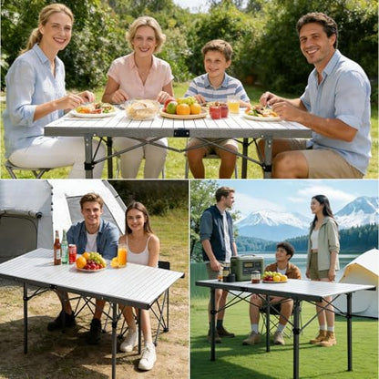 29.9" Tall Folding Camping Table for 2-6 Person, 54.7" Large Aluminum Foldable Roll-up Table Outdoor with Carry Bag for Picnic, Camp, Sturdy, Backyard, Patio - color: Silver