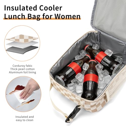 Lunch Box for Women Men Adult Insulated Lunch Bag Women Men Small Reusable Lunchbox for Work Picnic Travel (Beige-Brown Plaid) - color: Beige-Brown Plaid