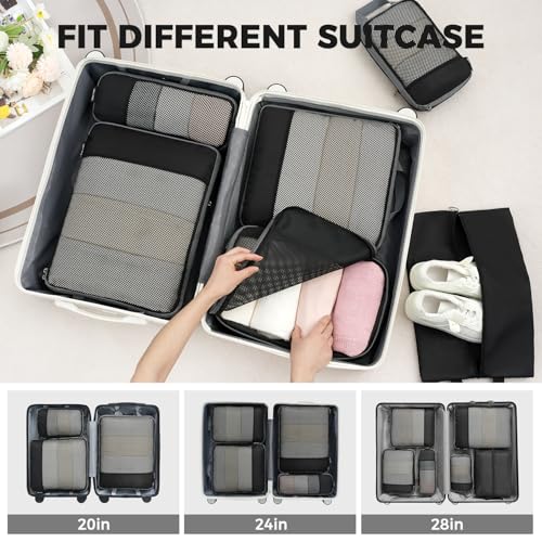 BAGAIL 4 Set/6 Set/8 Set Compression Packing Cubes Travel Accessories Expandable Packing Organizers (Half Mesh, 6-Black) - color: 6-Black, style: Half Mesh