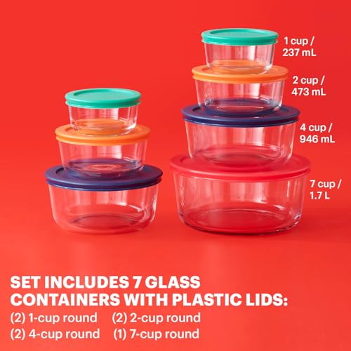 Pyrex Simply Store (7-Pack) Glass Food Storage Containers Set, (1, 2, 4 & 7 Cup) Meal Prep Containers With Plastic BPA-Free Lids, Dishwasher & Microwave Safe - size: 7 Pack