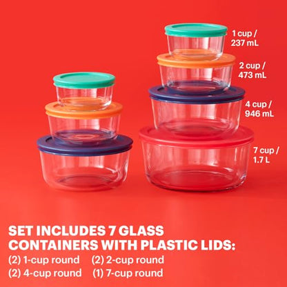 Pyrex Simply Store (7-Pack) Glass Food Storage Containers Set, (1, 2, 4 & 7 Cup) Meal Prep Containers With Plastic BPA-Free Lids, Dishwasher & Microwave Safe - size: 7 Pack
