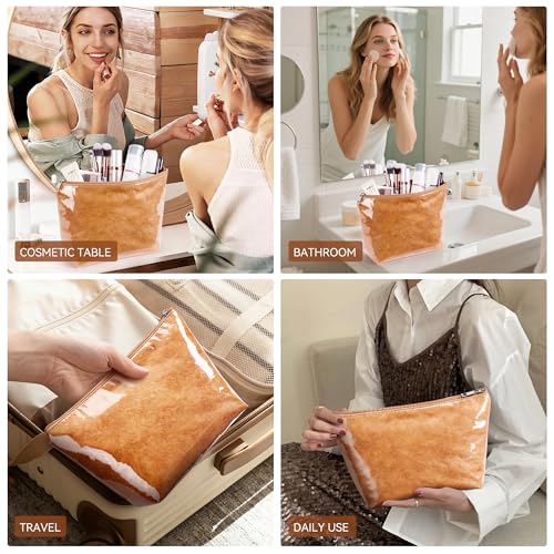 WLLWOO PVC Waterproof Makeup Bag Kraft Paper Cosmetic Bag Travel Toiletry Zipper Pouch Organizer for Women Purse - color: PVC-Brown