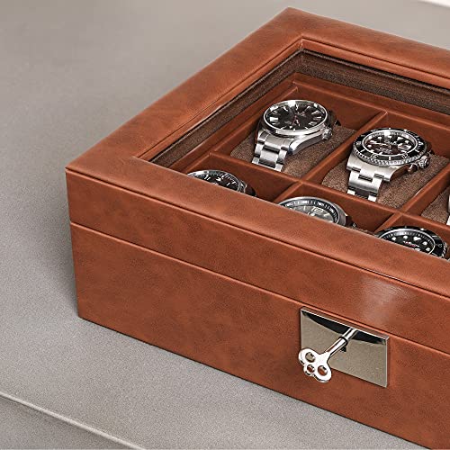 ROTHWELL 10 Slot Leather Watch Box - Luxury Case Display Jewelry Organizer - Locking Watch Display Case Holder with Large Glass Top - Box Organizer for Men and Women (Tan/Brown) - color: Tan / Brown
