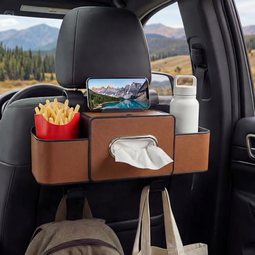 Backseat Car Organizer, 4 in 1 Multifunctional Car Back Seat Storage Organizer with Tissue Box, 2 Cup Holders, Phone Stand and Hooks, Automotive Seat Back Organizers (Brown) - color: Brown