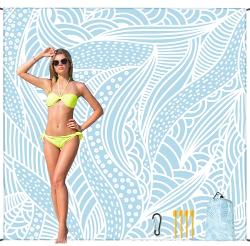 HIHOHO Beach Blanket Waterproof Sandproof Beach Mat for 1-8 Adults Quick Drying Durable Outdoor Picnic Mat for Beach Festival Travel Camping Hiking (BL-Ripple, 79"×83"(4 Person)) - color: Bl-ripple, size: 6'11" x 6'7"
