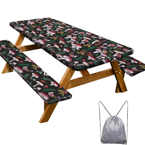 Picnic Table Cover with Bench Covers 6FT 3 Pcs Waterproof Windproof Aesthetic Camping Tablecloth with Drawstring Bag, Fitted for 6 Foot Rectangle Tables and Seats, 72 inch, Black Green Red - color: Black Green Red
